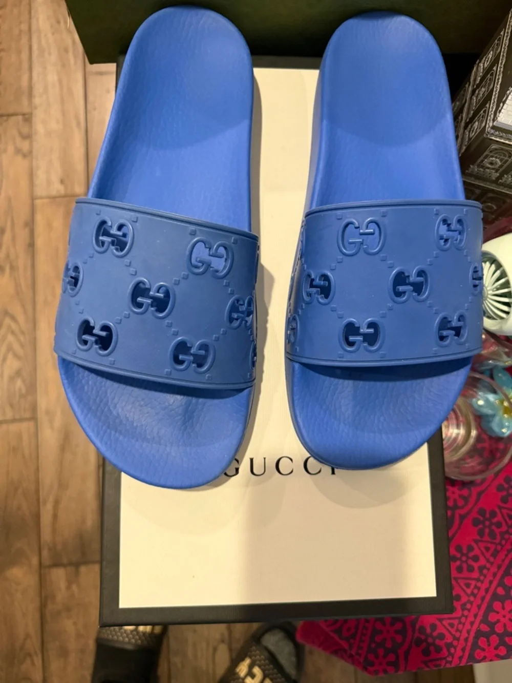 Gucci Bright Blue GG Embossed Rubber Slides - Picture 5 of 5